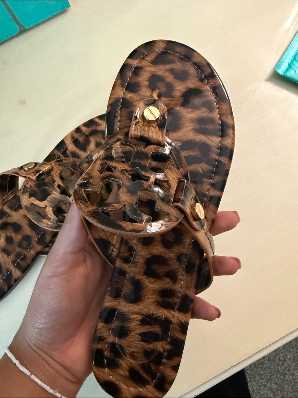 Tory Burch Leopard Print Slide Sandals in Brown and Black - Picture 2 of 4
